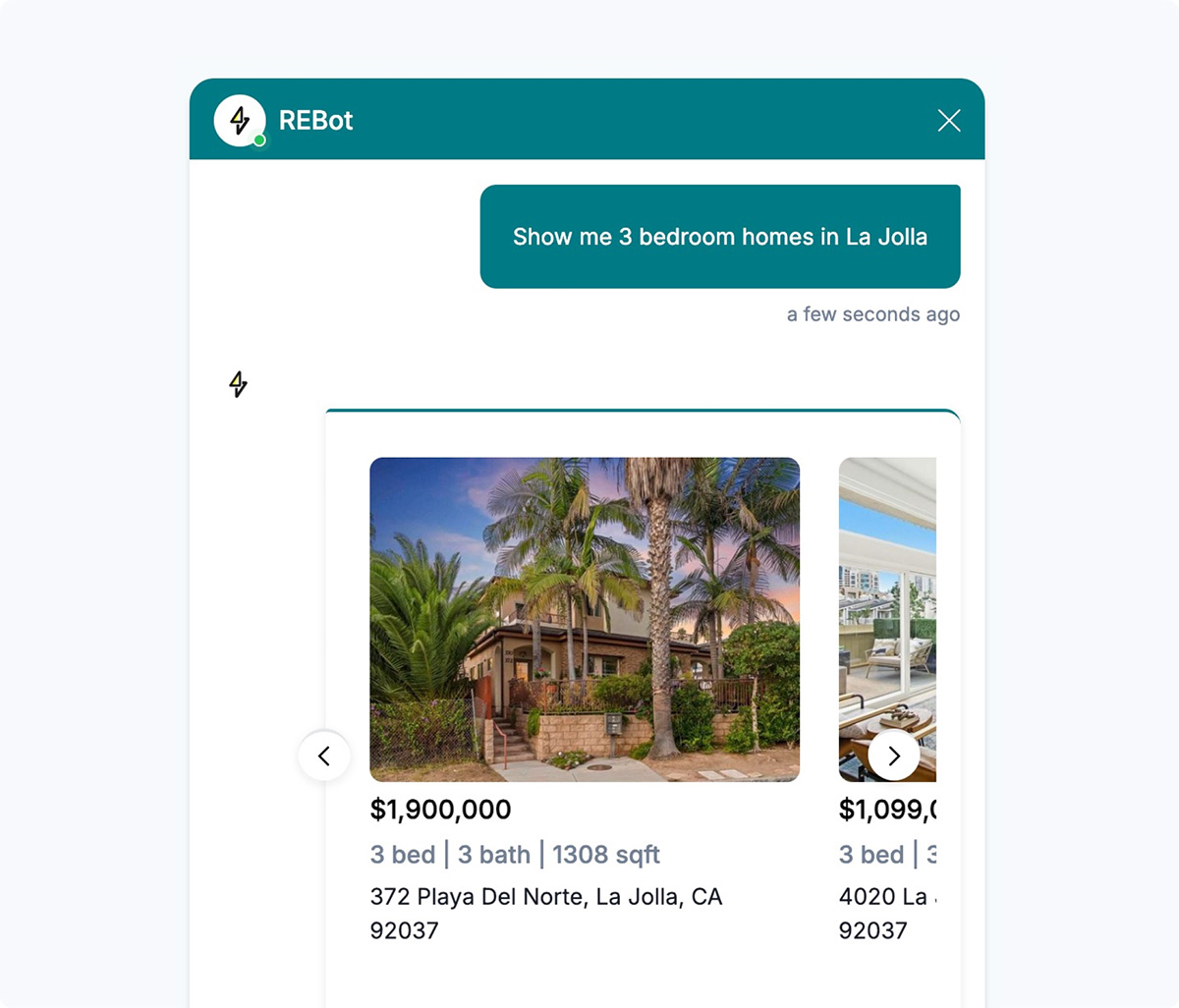 ChatSpark AI chatbot displaying CT IDX Pro+ MLS property listings in a carousel